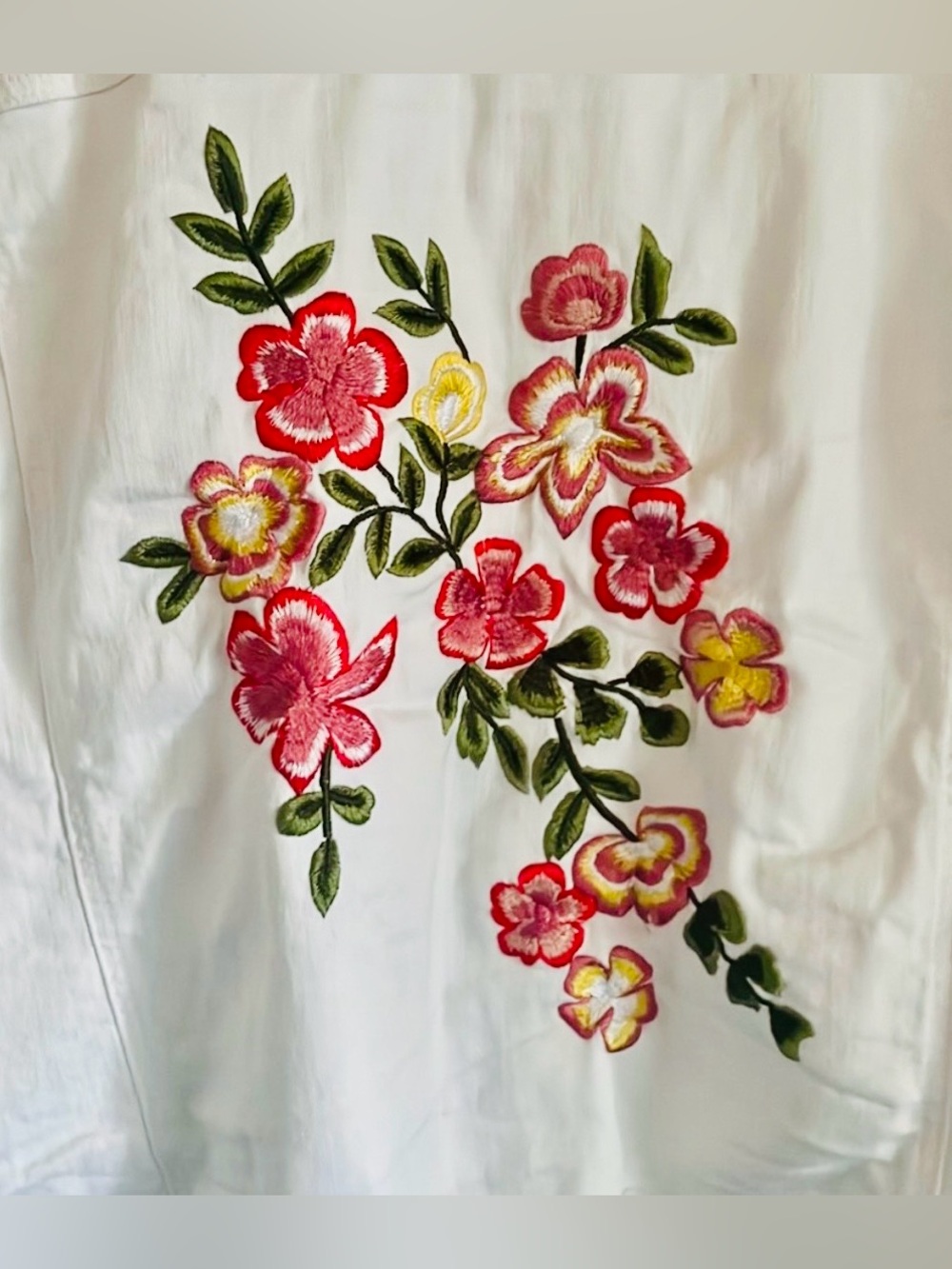 Rafaella White Jean Jacket with Pink & Green Floral Embroidery. Pockets!! - Picture 7 of 9